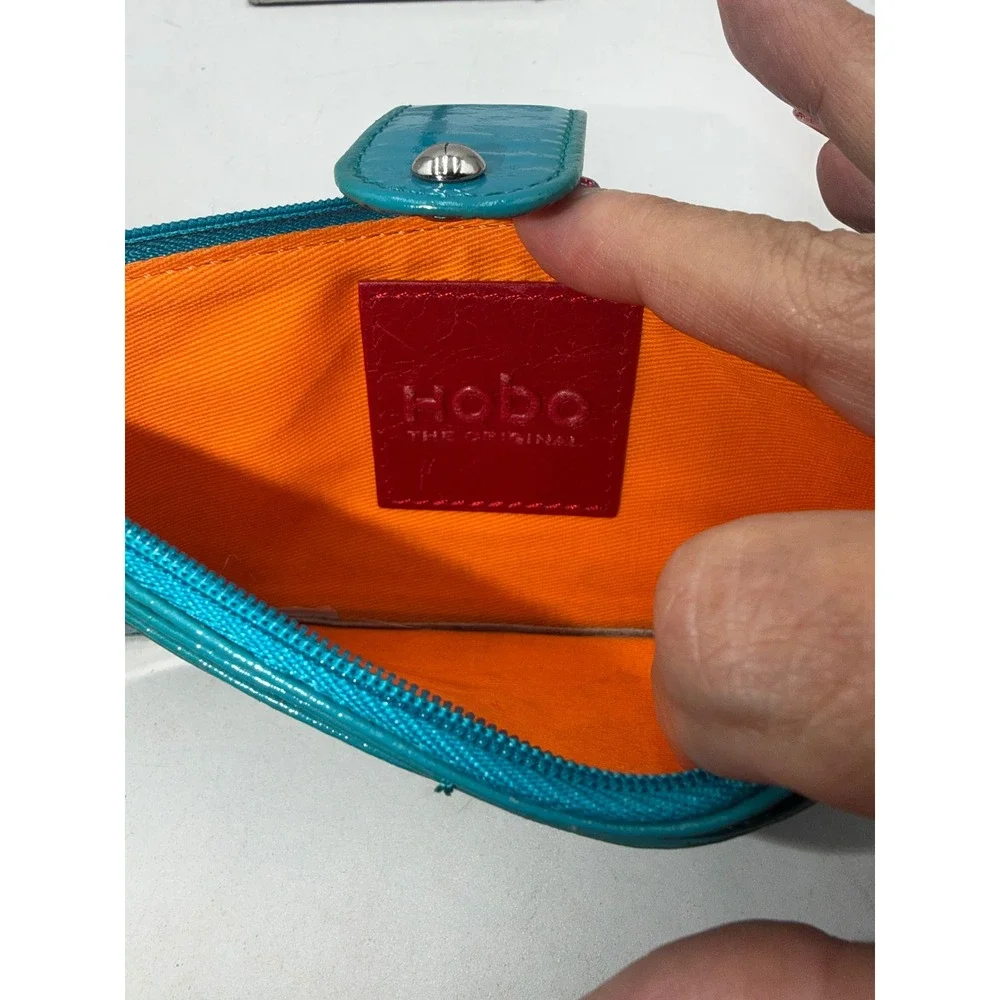 Hobo The Original Teal Patent Leather Wristlet Clutch Wallet Orange Lining